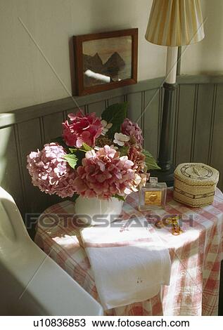 Close-up of pink hydrangeas on table with pink checked cloth in cottage bathroom View Large Photo Image Stock Image - Close-up of pink hydrangeas on table with pink checked cloth in cottage bathroom. Fotosearch