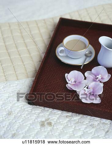 Close-up of pink orchids and cup of tea on breakfast tray View Large Photo Image Stock Photo - Close-up of pink orchids and cup of tea on breakfast tray. Fotosearch