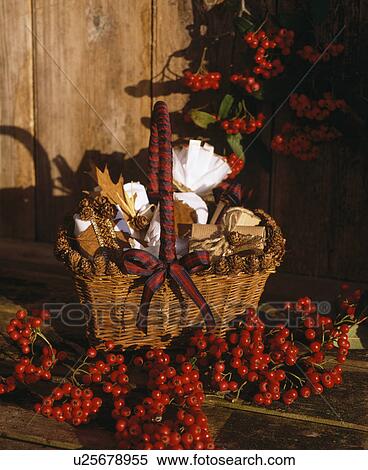 Close-up of red berries and basket of gift-wrapped presents View Large Photo Image Stock Photography - Close-up of red berries and basket of gift-wrapped presents . Fotosearch