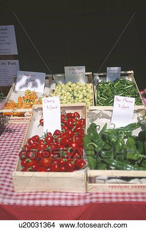 Close up of red tomatoes and green chillies on stall outside vegetable shop View Large Photo Image Picture - Close up of red tomatoes and green chillies on stall outside vegetable shop. Fotosearch