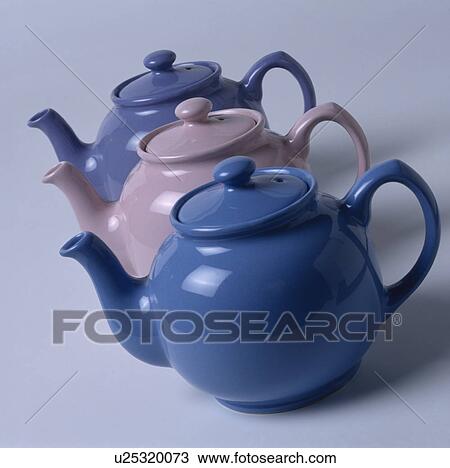 Close-up of row of three blue and pink teapots View Large Photo Image Stock Image - Close-up of row of three blue and pink teapots. Fotosearch