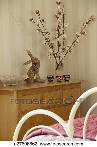 Close-up of small terracotta ornament and vase of cotton flowers on chest-of-drawers View Large Photo Image Stock Image - Close-up of small terracotta ornament and vase of cotton flowers on chest-of-drawers. Fotosearch