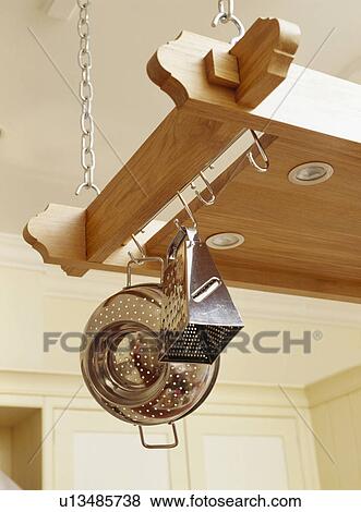 Close-up of stainless steel colander and grater on suspended rack View Large Photo Image Stock Photo - Close-up of stainless steel colander and grater on suspended rack. Fotosearch