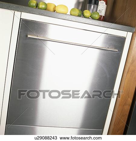 Close-up of stainless-steel dishwasher View Large Photo Image Stock Image - Close-up of stainless-steel dishwasher. Fotosearch