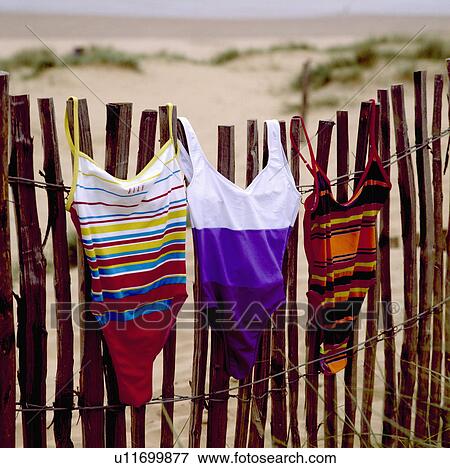 Close-up of striped swim-suits hanging out to dry on wooden fence in front of sand dunes View Large Photo Image Stock Photo - Close-up of striped swim-suits hanging out to dry on wooden fence in front of sand dunes. Fotosearch