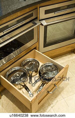Close-up of Tefal stainless steel pans in storage drawer beside steam oven View Large Photo Image Stock Photo - Close-up of Tefal stainless steel pans in storage drawer beside steam oven. Fotosearch