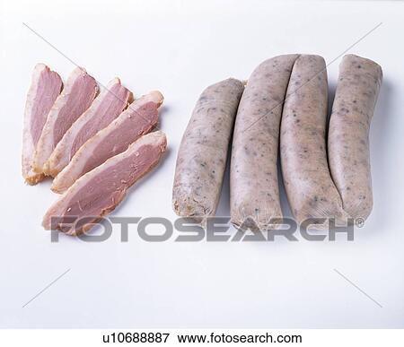 Close-up of uncooked pork sausages and slices of boiled bacon View Large Photo Image Stock Photo - Close-up of uncooked pork sausages and slices of boiled bacon. Fotosearch