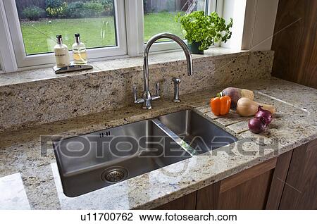 Close-up of undermounted stainless steel Franke sinks with TriFlow tap and granite splash back View Large Photo Image Stock Image - Close-up of undermounted stainless steel Franke sinks with TriFlow tap and granite splash back. Fotosearch