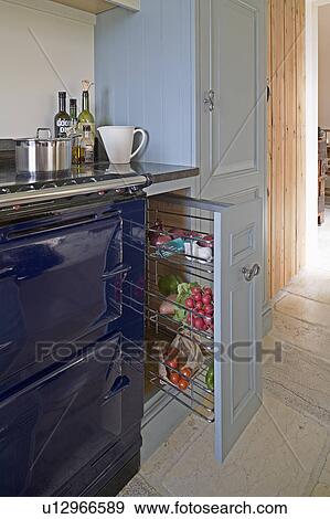 Close-up of vegetables stored in pull-out drawers beside black Aga View Large Photo Image Stock Photo - Close-up of vegetables stored in pull-out drawers beside black Aga. Fotosearch