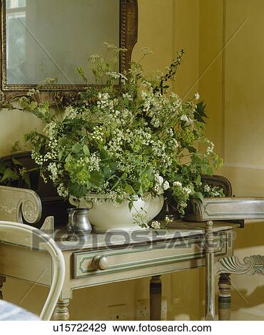 Close-up of white cow-parsley in natural flower arrangement in white dish on painted table View Large Photo Image Stock Photo - Close-up of white cow-parsley in natural flower arrangement in white dish on painted table. Fotosearch