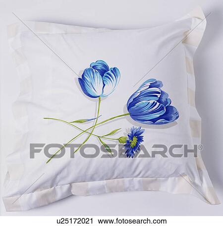 Close-up of white cushion hand-painted with blue tulips View Large Photo Image Stock Image - Close-up of white cushion hand-painted with blue tulips. Fotosearch