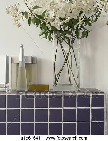 Close-up of white flowers in glass vase on grey tiled shelf View Large Photo Image Stock Image - Close-up of white flowers in glass vase on grey tiled shelf. Fotosearch