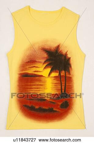 Close-up of yellow sleeveless t-shirt with sunset print on the front View Large Photo Image Stock Photo - Close-up of yellow sleeveless t-shirt with sunset print on the front. Fotosearch