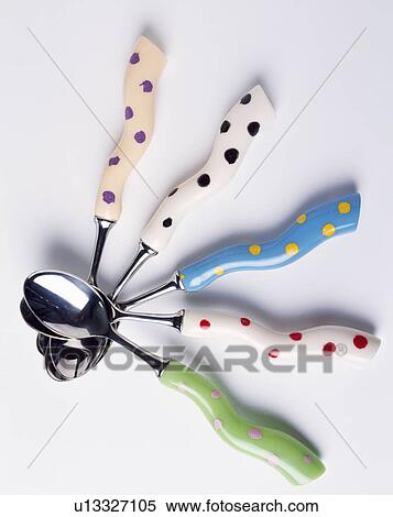 Close-up spoons with colourful spotted handles View Large Photo Image Stock Photography - Close-up spoons with colourful spotted handles. Fotosearch