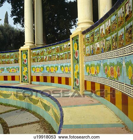 Colourful Spanish-style ceramic tiled wall with classical columns in Fontana Rosa garden View Large Photo Image Stock Image - Colourful Spanish-style ceramic tiled wall with classical columns in Fontana Rosa garden. Fotosearch