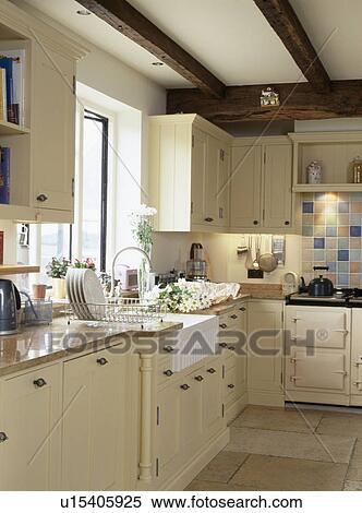 Cream Fitted Units In Country Cottage Kitchen Stock Photography