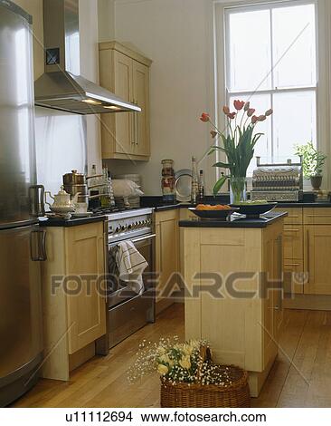 Cream fitted units in modern townhouse kitchen View Large Photo Image Picture - Cream fitted units in modern townhouse kitchen. Fotosearch