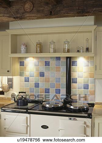 Cream shelf and pastel wall tiles above white Aga oven View Large Photo Image Stock Photograph - Cream shelf and pastel wall tiles above white Aga oven. Fotosearch