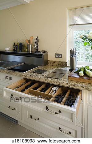 Cutlery in open storage drawer below granite worktop in modern kitchen View Large Photo Image Stock Photo - Cutlery in open storage drawer below granite worktop in modern kitchen. Fotosearch
