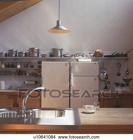 Double fridge-freezer in modern white kitchen View Large Photo Image Picture - Double fridge-freezer in modern white kitchen. Fotosearch