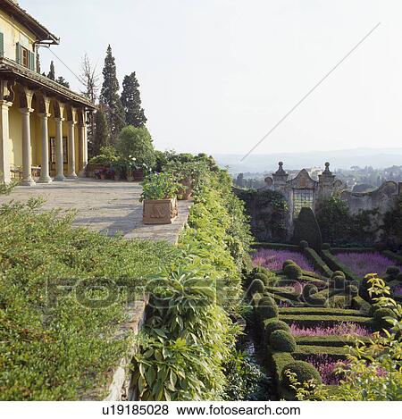Formal parterre garden below classical Italian villa with paved terrace View Large Photo Image Stock Photo - Formal parterre garden below classical Italian villa with paved terrace. Fotosearch