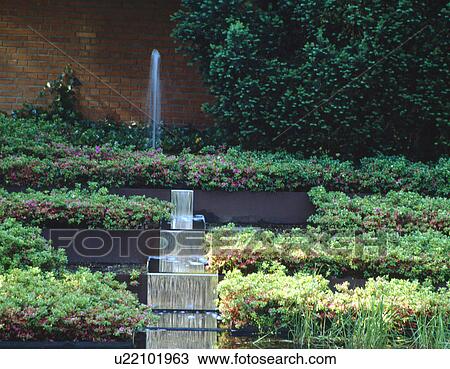 Fountain above rhododendron hedge in garden with modern waterfall View Large Photo Image Stock Image - Fountain above rhododendron hedge in garden with modern waterfall. Fotosearch