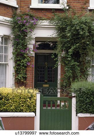 Green gate in front of Victorian town house with purple clematis over front door View Large Photo Image Stock Photo - Green gate in front of Victorian town house with purple clematis over front door. Fotosearch