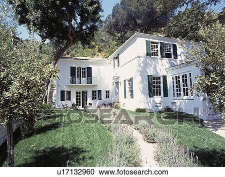 Stock Image - Lavender-edged path through lawn to white thirties house in California. Fotosearch