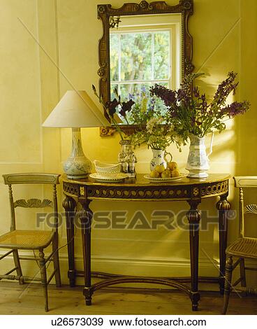 Stock Photo - Mirror above antique console table with cream lamp in yellow country living room. Fotosearch