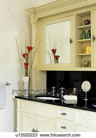 Stock Photo Of Mirror Above Underset Basin In Built Vanity Unit Mirror Above Underset Basin In Built Vanity Unit Traditional Bathroom