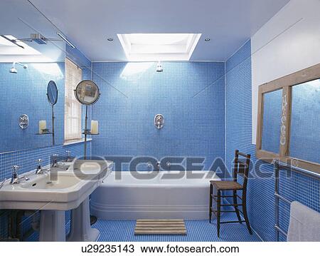 Modern blue tiled bathroom View Large Photo Image Stock Image - Modern blue tiled bathroom. Fotosearch