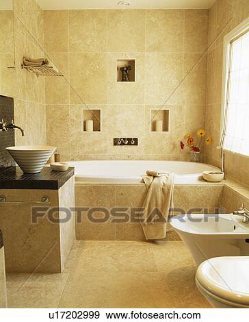Modern marble-tiled bathroom View Large Photo Image Stock Photo - Modern marble-tiled bathroom. Fotosearch