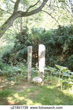 Stock Photo - Modern sculpture on grass below tree in woodland garden. Fotosearch