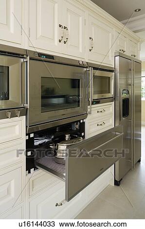 Open pan-warming drawer below stainless steel ovens in modern kitchen View Large Photo Image Stock Image - Open pan-warming drawer below stainless steel ovens in modern kitchen. Fotosearch