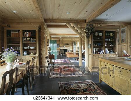 Oriental rugs on floor in dining room with wooden ceiling and log panelled walls View Large Photo Image Stock Image - Oriental rugs on floor in dining room with wooden ceiling and log panelled walls. Fotosearch