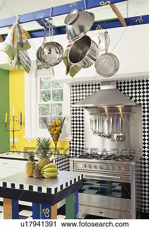 Pans on blue storage rack in modern kitchen with black+white tiles View Large Photo Image Stock Image - Pans on blue storage rack in modern kitchen with black+white tiles. Fotosearch