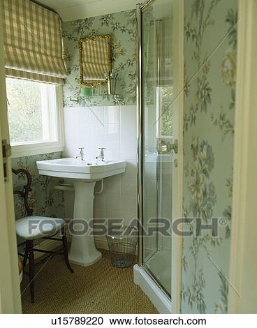 Pastel blue patterned wallpaper in small bathroom with pedestal basin View Large Photo Image Stock Image - Pastel blue patterned wallpaper in small bathroom with pedestal basin. Fotosearch