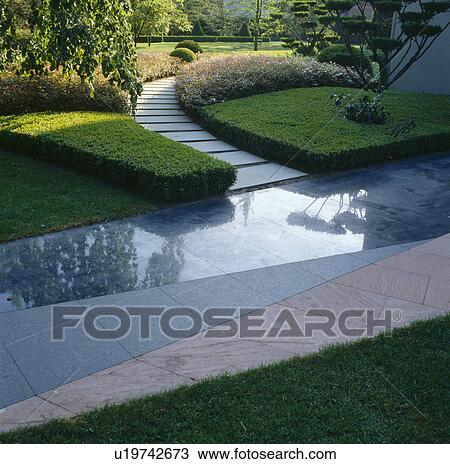 Path through low clipped box to terrace with contrasting slate and stone paving View Large Photo Image Stock Image - Path through low clipped box to terrace with contrasting slate and stone paving. Fotosearch