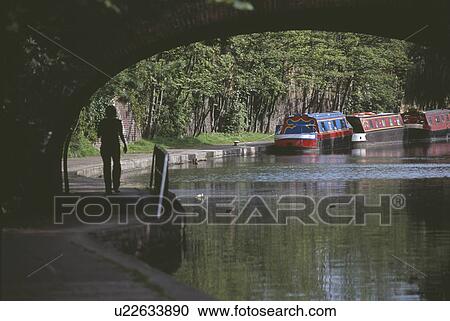 Stock Image - Person walking on tow path underneath bridge on Regent Canal in London with narrow boats moored on the bank. Fotosearch