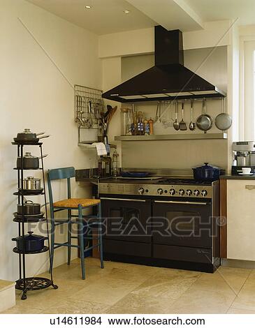 Picture - Range oven in modern kitchen with freestanding pan rack. Fotosearch