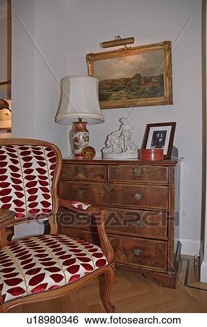 Stock Photograph - Red leaf-patterned upholstered chair upholstered in living room with picture light above large painting. Fotosearch