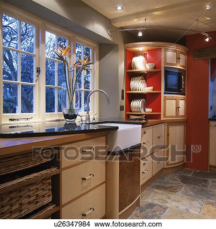 Picture - Red traditional townhouse kitchen. Fotosearch