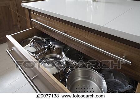 Stock Photo - Saucepans stored in pull-out storage drawer with brushed stainless steel handles in modern kitchen. Fotosearch