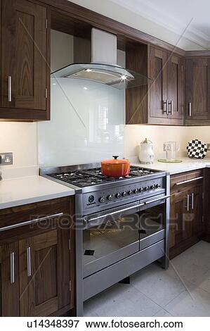 Stainless steel SMEG range oven with glass splashback in modern walnut kitchen View Large Photo Image Stock Photo - Stainless steel SMEG range oven with glass splashback in modern walnut kitchen. Fotosearch