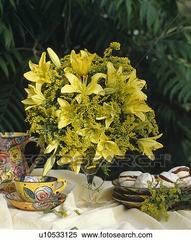 Still-Life of yellow lilies in vase on table with pottery cup designed by Mary-Rose Young View Large Photo Image Stock Photography - Still-Life of yellow lilies in vase on table with pottery cup designed by Mary-Rose Young. Fotosearch