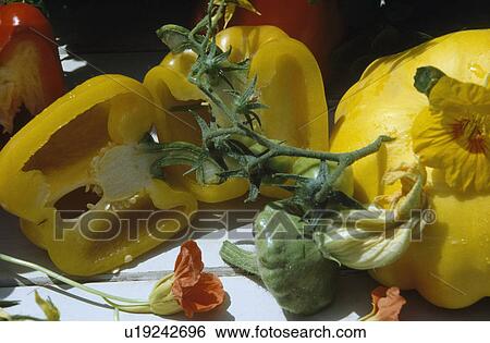 Still-Life of yellow pepper cut in half with nasturtiums View Large Photo Image Stock Photograph - Still-Life of yellow pepper cut in half with nasturtiums. Fotosearch