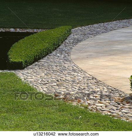 Stone and pebble paving in formal garden with clipped hedge View Large Photo Image Stock Image - Stone and pebble paving in formal garden with clipped hedge. Fotosearch