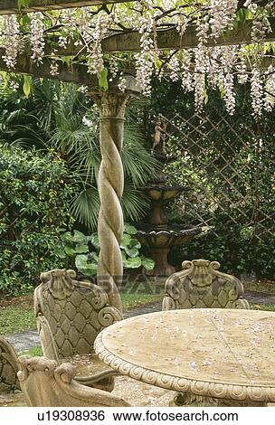 Stone table and chairs below pergola with mauve flowering wisteria View Large Photo Image Stock Photograph - Stone table and chairs below pergola with mauve flowering wisteria. Fotosearch