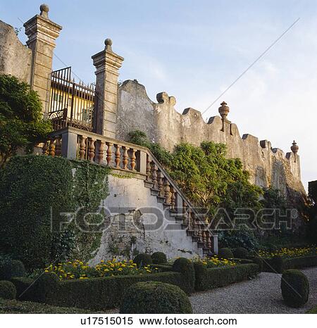 Stock Photography - Stone wall and banisters on steps above sunken parterre in Italian garden. Fotosearch