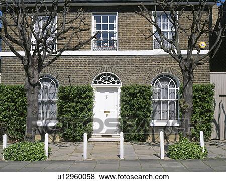 Trees in paved area in front of traditional terraced town-house with clipped pyracantha on walls View Large Photo Image Stock Photo - Trees in paved area in front of traditional terraced town-house with clipped pyracantha on walls. Fotosearch